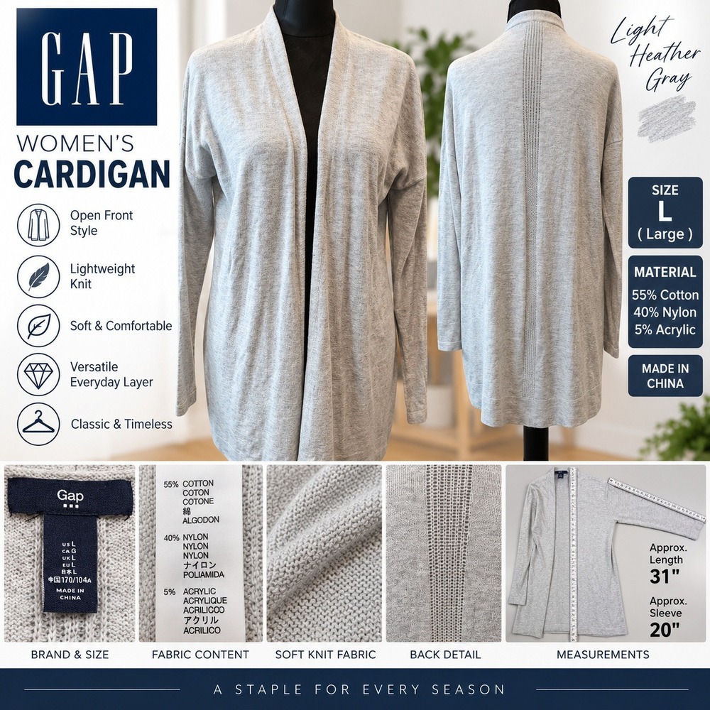 Gap Women Light Heather Gray Open Front Cardigan Lightweight Knit Size L